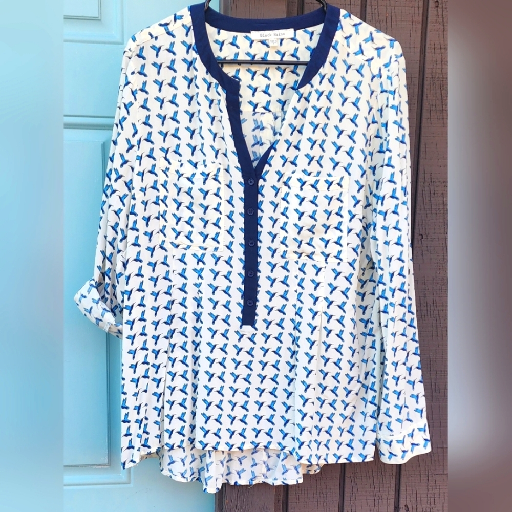 Large Blue Hummingbird Blouse Black Rainn